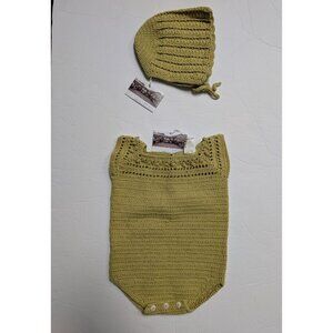 Kate Quinn Olive Green Knit Romper and Bonnet Set